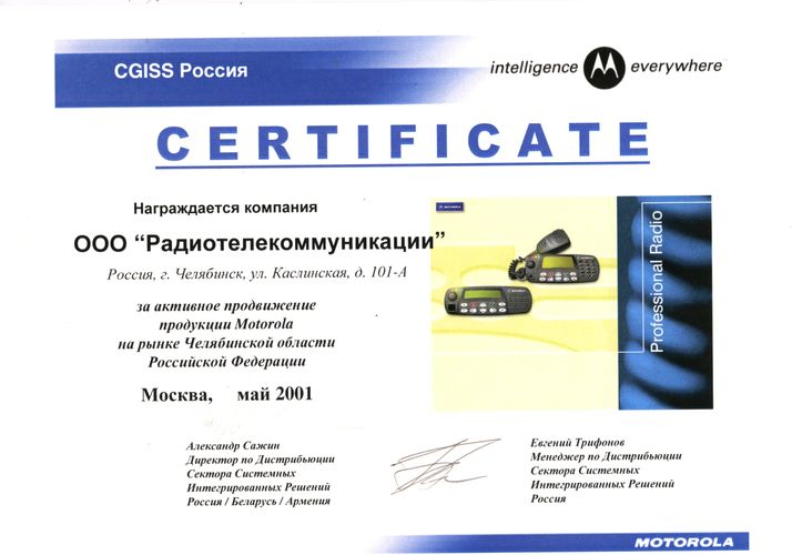 2001г. Диплом Motorola За активное продвижение продукции Motorola на рынке Челябинской области